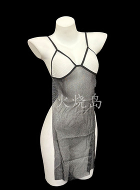 火烧岛 性感纯欲透视网纱挂脖裙