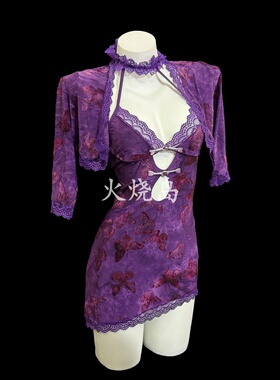 火烧岛 性感紫色蝴蝶印花挂脖蕾丝套装