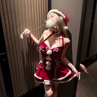 圣诞少女风红色丝绒挂脖连衣裙 火烧岛 送圣诞礼盒