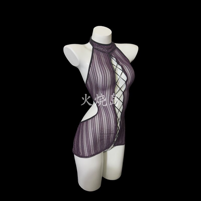 火烧岛 性感紫色透视镂空网衣包臀连体qqny