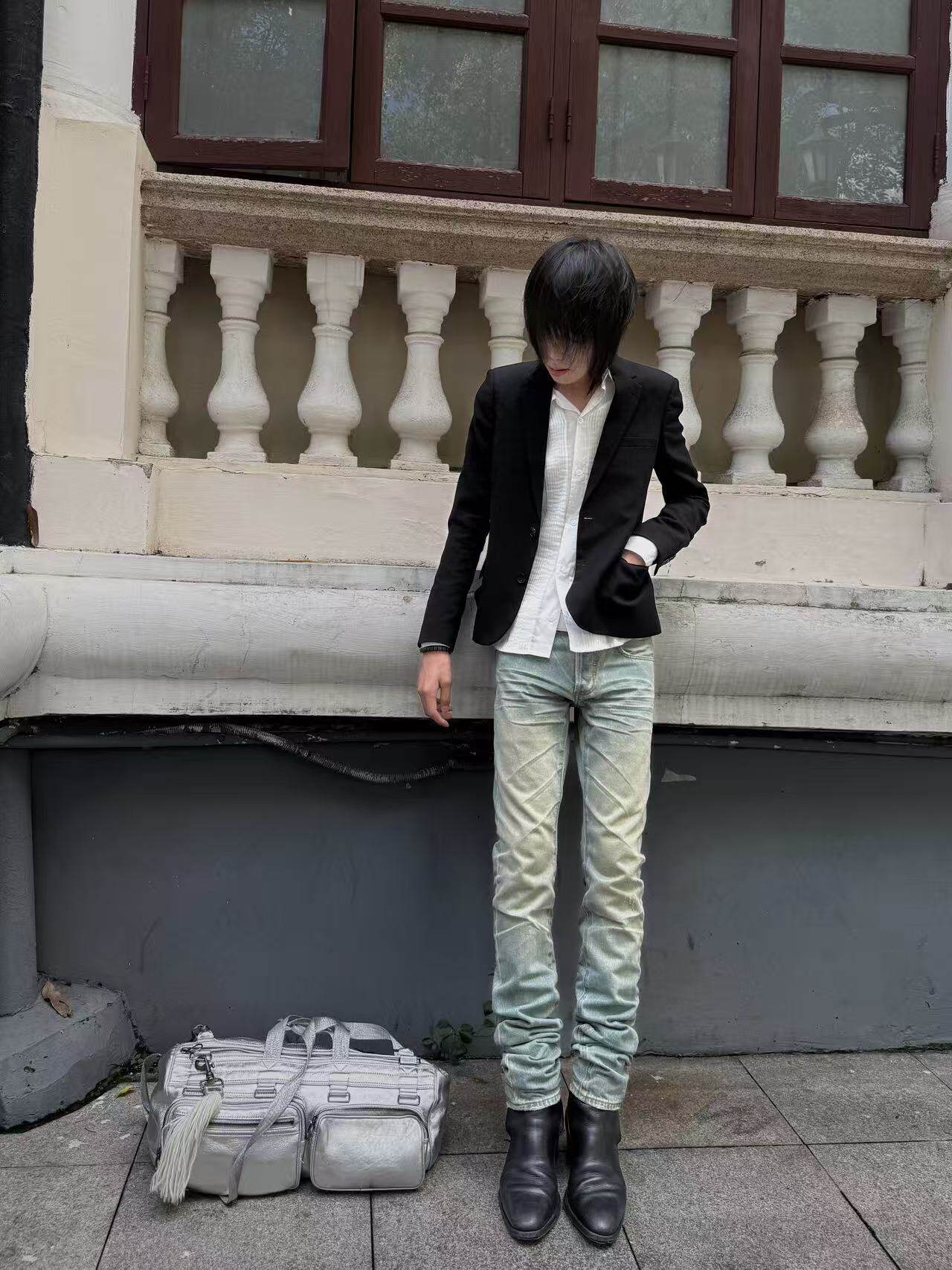 thumbnail for DH 04SS Ice Blue Jeans Skinny Washed Distressed Straight-Leg Jeans