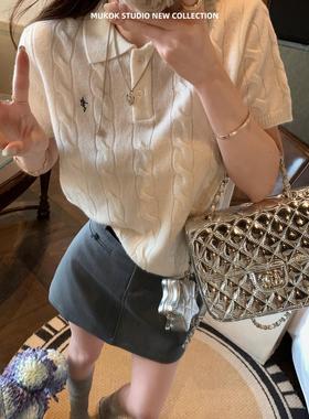 春季高级感全羊毛针织衫纯色短袖POLO领简约学院风百搭上衣