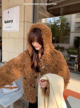 牛角扣慵懒温暖感连帽仿皮草显瘦加厚环保皮毛一体短外套