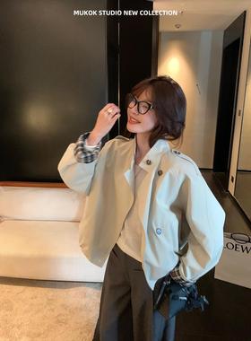 DX.DAXI【苏黎世】花苞下摆立领撞色格纹通勤英伦风短外套