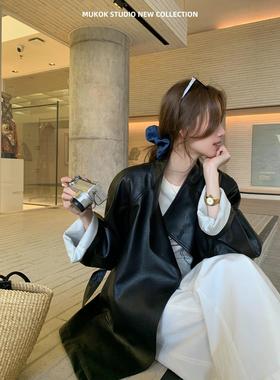 韩女氛围~设计高级感炸街复古黑色PU皮西装皮衣外套女港风