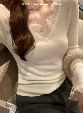 绝美巨好看的打底衫设计感蕾丝拼接V领法式内搭针织衫上衣女