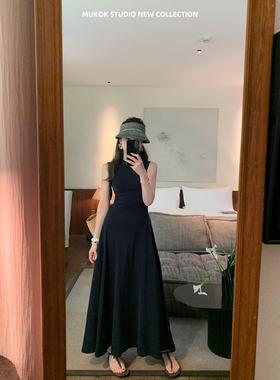 重磅超大裙摆气质藏青色清冷无袖显瘦长款连衣裙