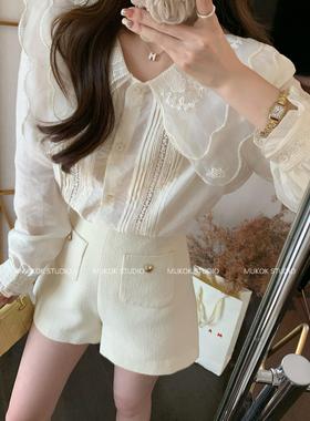 刺绣甜美娃娃领衬衫女2025春季新款减龄重工气质打底衬衣
