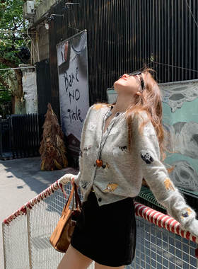 毛绒小狗马海毛+绵羊毛灰色针织开衫女短款毛衣2025春季新款