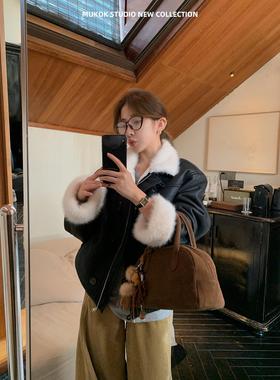 黑色皮毛一体短款夹克外套环保毛领秋冬撞色皮衣外套