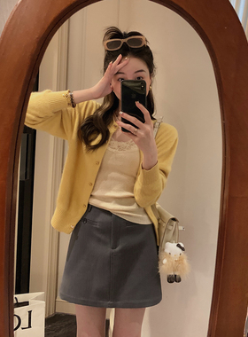 白桃少女~25兔毛20绵羊毛针织开衫女上衣黄色毛衣2025春新款