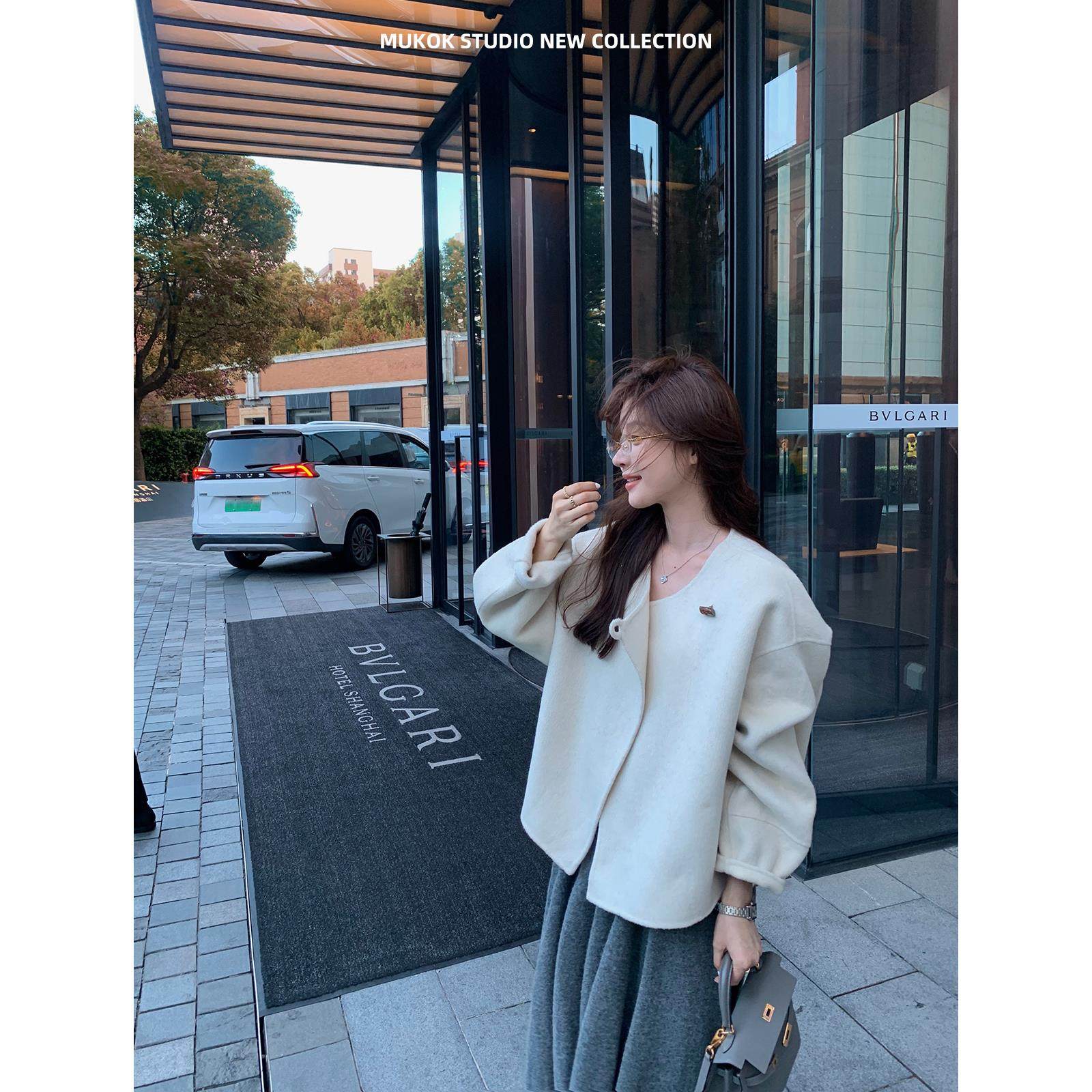 YSLS100高支绵羊毛带围巾立裁圆领小个子短款毛呢手工双面呢外套