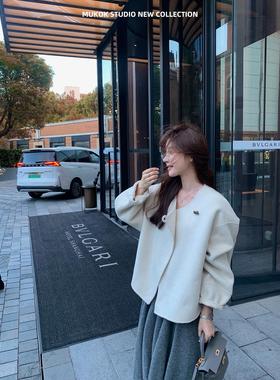 100高支绵羊毛带围巾立裁圆领小个子短款毛呢手工双面呢外套