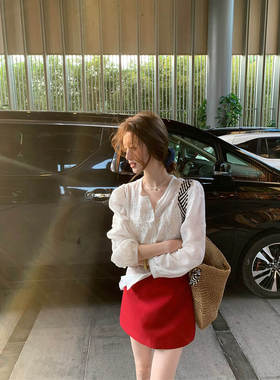 浪漫定格~2025新款miu系红色高腰显瘦包臀a字半身裙短裙女