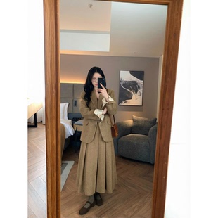 绵羊毛粗花呢经典小个子西装外套长款百褶半身裙羽绒套装