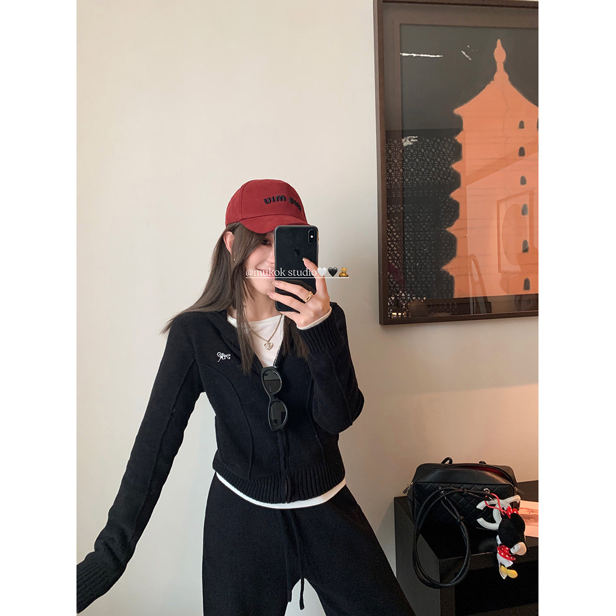 月初暮云~2026新款黑色针织套装女卫衣连帽衫运动休闲阔腿裤