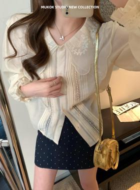 刺绣甜美娃娃领衬衫女2025春季新款减龄重工气质打底衬衣