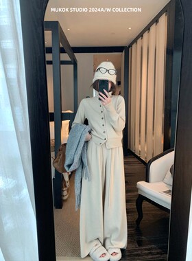 高智感穿搭~设计感小众立领针织上衣高腰垂感阔腿裤时尚套装