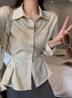 ~浅黄色条纹收腰衬衫女设计感小众叠穿衬衣上衣2025春季新款