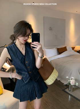 原牛丹宁明线刺绣流苏定染无袖牛仔马甲上衣半身裙时尚套装