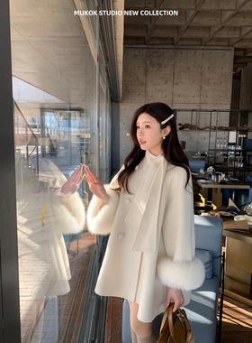 羊毛双面呢系带呢大衣狐狸毛袖口秋冬高级感毛呢外套小个子