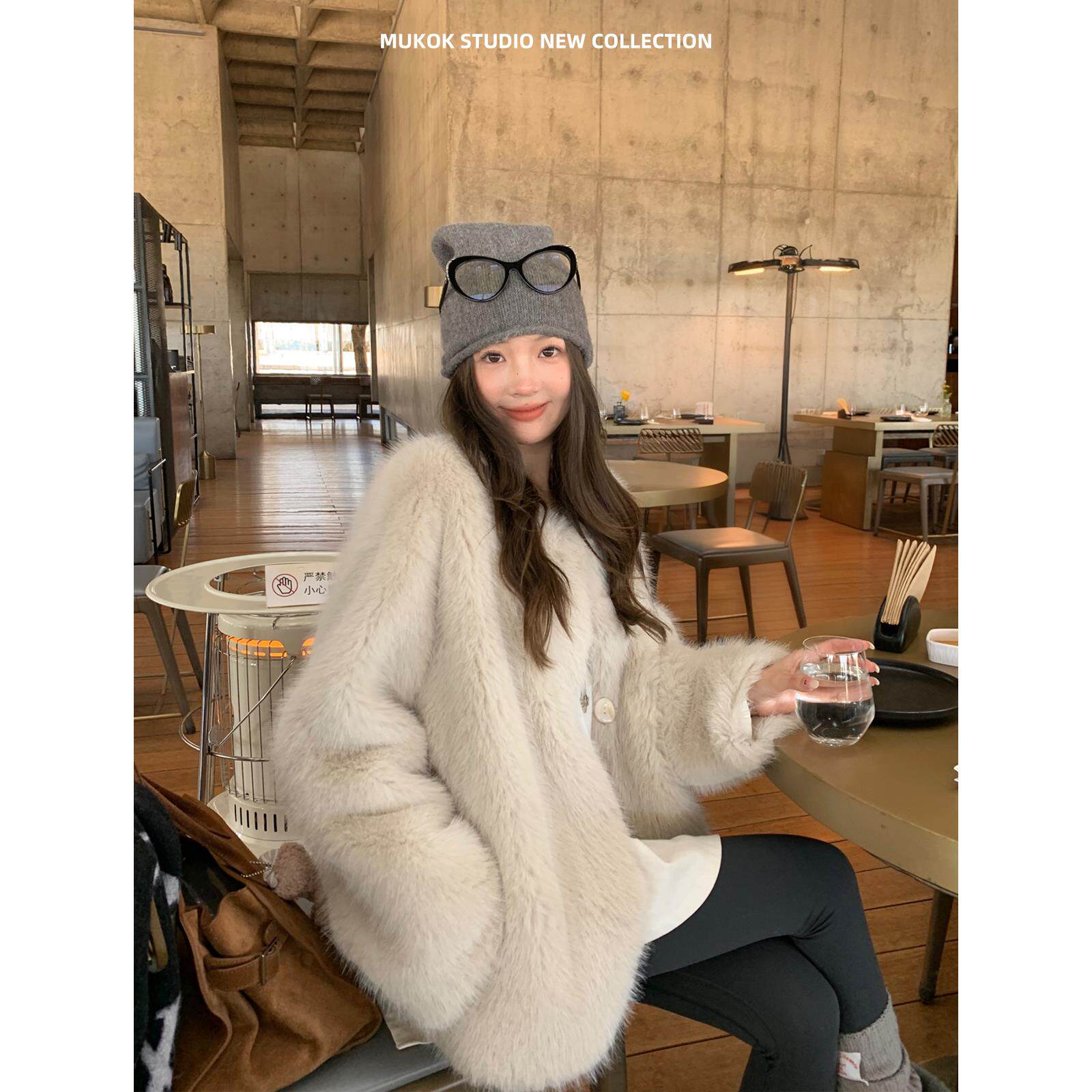 YSLS 高级感超美保暖韩系环保皮草外套气质圆领毛毛上衣