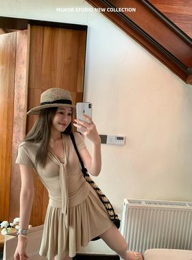 超柔裸肤感系带针织短袖T恤百褶半身裙减龄时尚套装