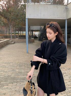 气质高级感系带100%绵羊毛毛呢外套黑色大翻领双面呢大衣