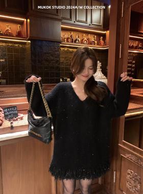 氛围感女神~ 高定重工亮片流苏毛衣黑色连衣裙