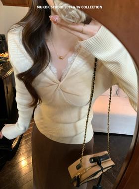 温柔姐姐~14针天丝织物V领内搭女扭结拼接法式蕾丝毛针织衫