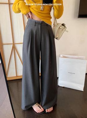 灰韵格调~高腰直筒垂感阔腿裤宽松灰色休闲裤西装裤女春