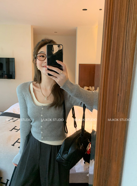 满级圈粉小衫~别致针织开衫吊带两件套长袖U领氛围感短上衣