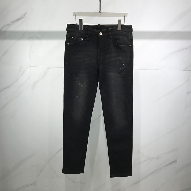 欧货时尚纯色加绒牛仔裤男字母印花青年韩版修身弹力显瘦小脚长裤