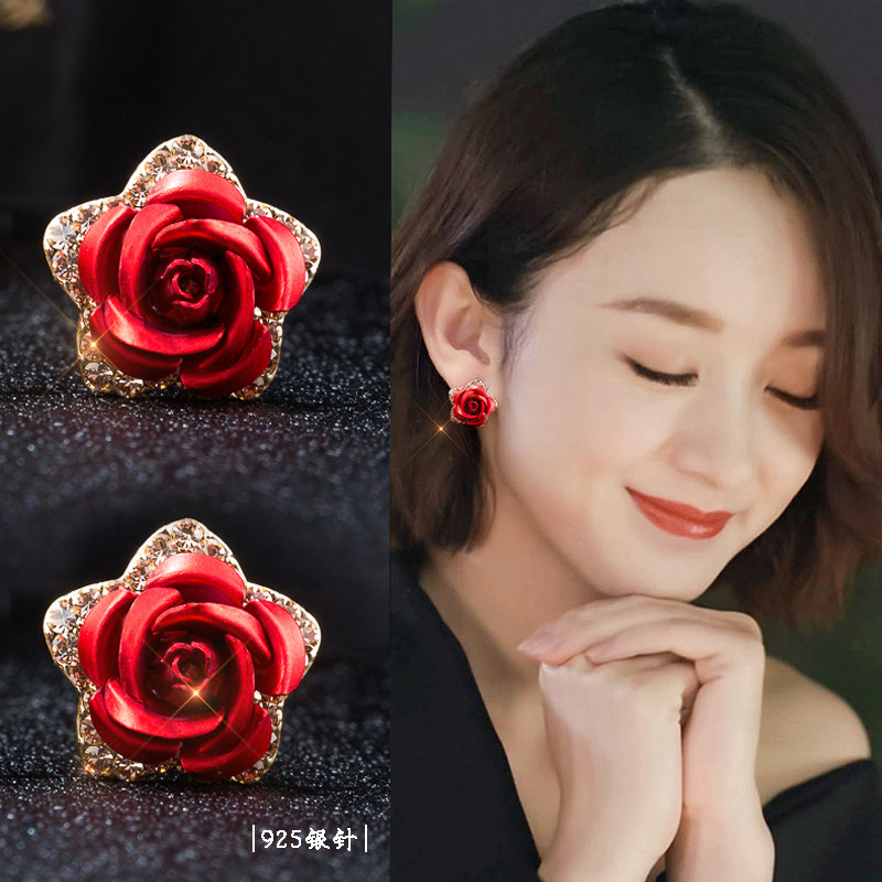 复古红色耳环女纯银小众设计感高级耳钉耳夹花朵耳饰2025新款爆款,饰品/流行首饰/时尚饰品新,耳钉,淘宝优惠券,粉丝福利购,淘宝优惠卷