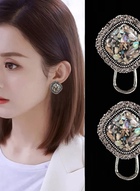 雨花石耳钉古银简约个性气质网红高级感复古耳环韩国大气新款潮女