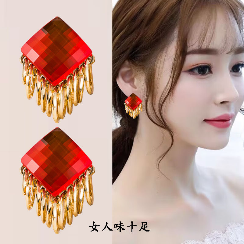 S925银针水晶流苏耳环女长款耳钉夸张个性感欧美大牌气质耳坠耳扣