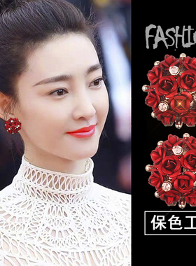 玫瑰花纯银耳钉女天然母贝花朵小众设计感高级气质多颜色耳环耳饰