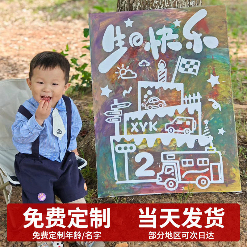 儿童生日涂鸦画板可撕8岁生日派对场景布置3宝宝手指DIY涂鸦画框