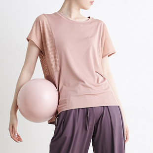 春夏新款瑜伽服女运动短袖T恤女透气网纱上衣宽松跑步健身服