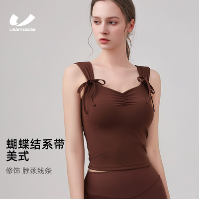 瑜伽服美式蝴蝶结肩带瑜伽短袖带胸垫运动文胸修身显瘦瑜伽背心