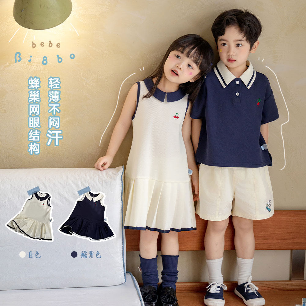 bi8bo童装连衣裙无袖吸湿排汗翻领夏季女宝短袖休闲韩版撞色百褶