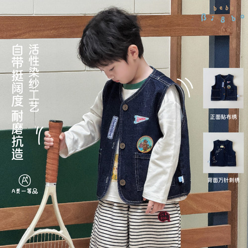 春季新款男童美式牛仔马甲百搭