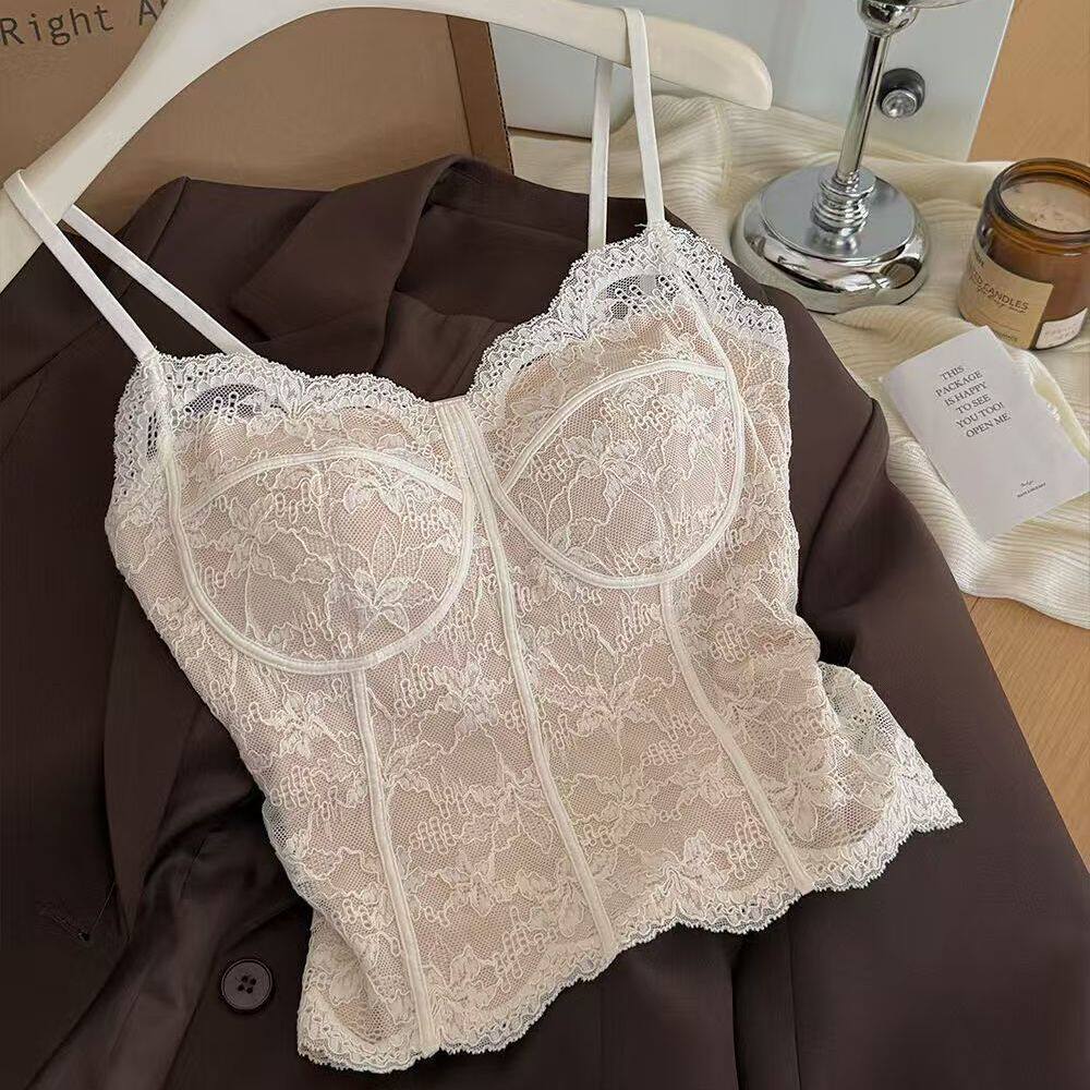 法式6100蕾丝吊带背心女新款带胸垫一体美背修身内搭外穿打底上衣