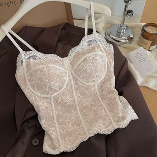 法式6100蕾丝吊带背心女新款带胸垫一体美背修身内搭外穿打底上衣