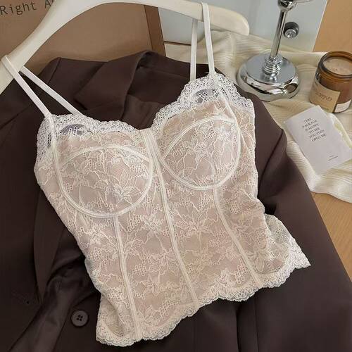 法式6100蕾丝吊带背心女新款带胸垫一体美背修身内搭外穿打底上衣