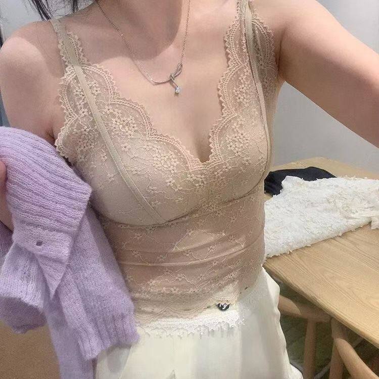 法式蕾丝吊带背心女带胸垫V领低胸打底文胸一体美背内衣西装内搭