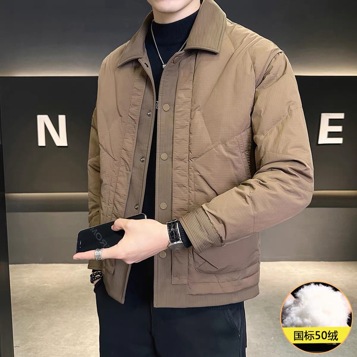 高品质男士衬衫领短款羽绒服秋冬新款保暖轻薄廓形外套男装上衣潮