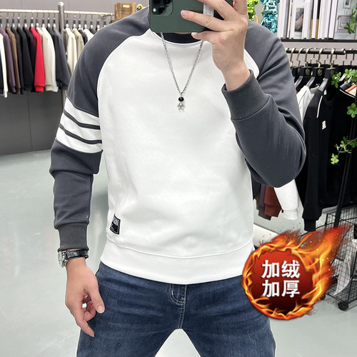 织带圆领打底衫潮长袖体恤卫衣男