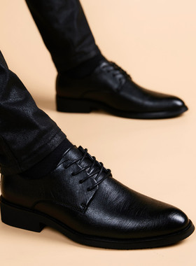 加绒真皮商务正装皮鞋男韩版潮流内增高冬季青年软底尖头英伦男鞋