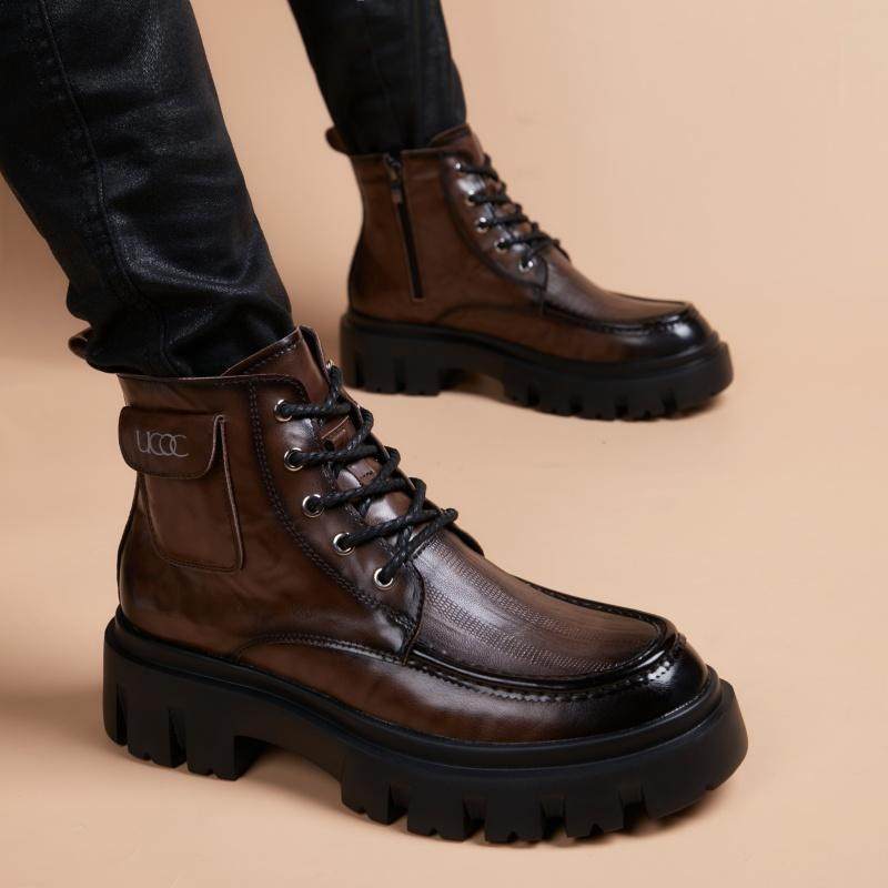 马丁靴男真皮英伦风厚底增高工装靴子男士潮流百搭中高帮休闲皮靴,流行男鞋,马丁靴,淘宝优惠券,粉丝福利购,淘宝优惠卷